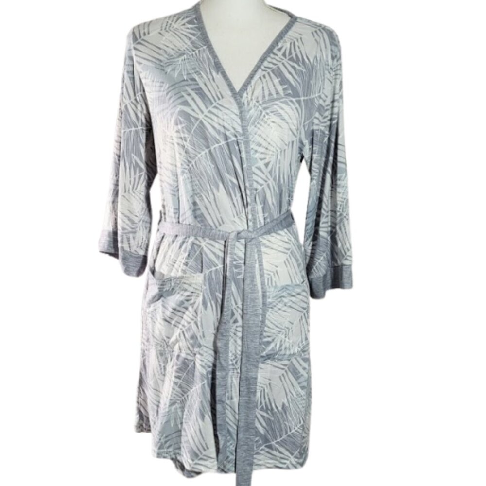RAE DUNN White & Gray Tropical Palm Leaf Robe With Pockets & Belt - Women's M